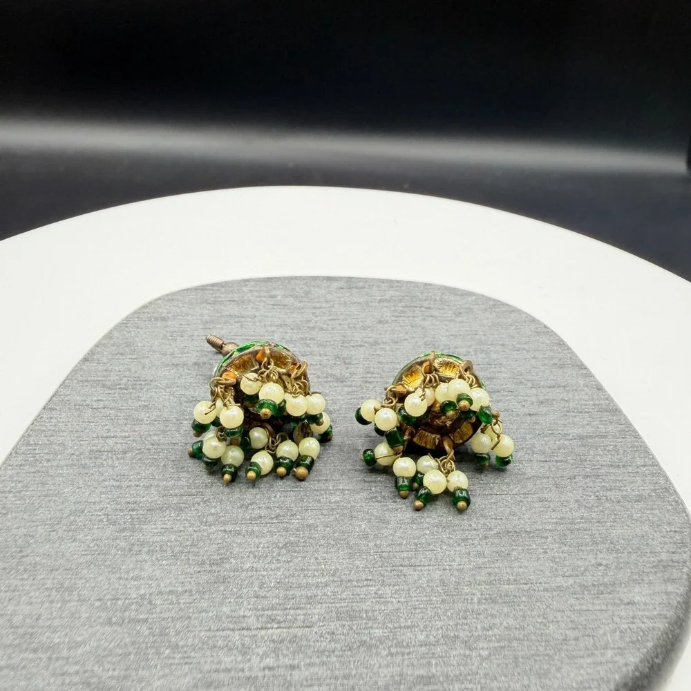 Green Enamel Rhinestone Beaded Dangle Earrings Boho Cluster Drop Pierced Hooks